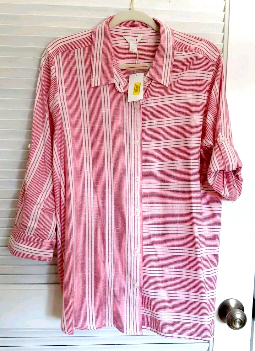 NWT-Intro,Red/White Striped Blouse W/Roll Tab Sleeves,Sz Lg,Any Season Versatile
