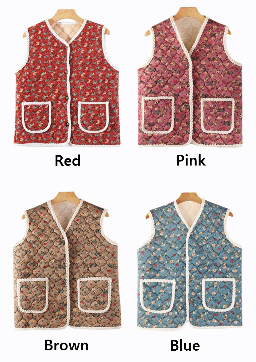 Korean Retro Floral Quilted Vest Grandma Winter Fleece Kimchi K-Fashion