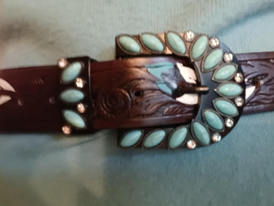 WOMEN MEN WESTERN BROWN LEATHER BELT TURQUOISE Med/large belt length is 47in NEW