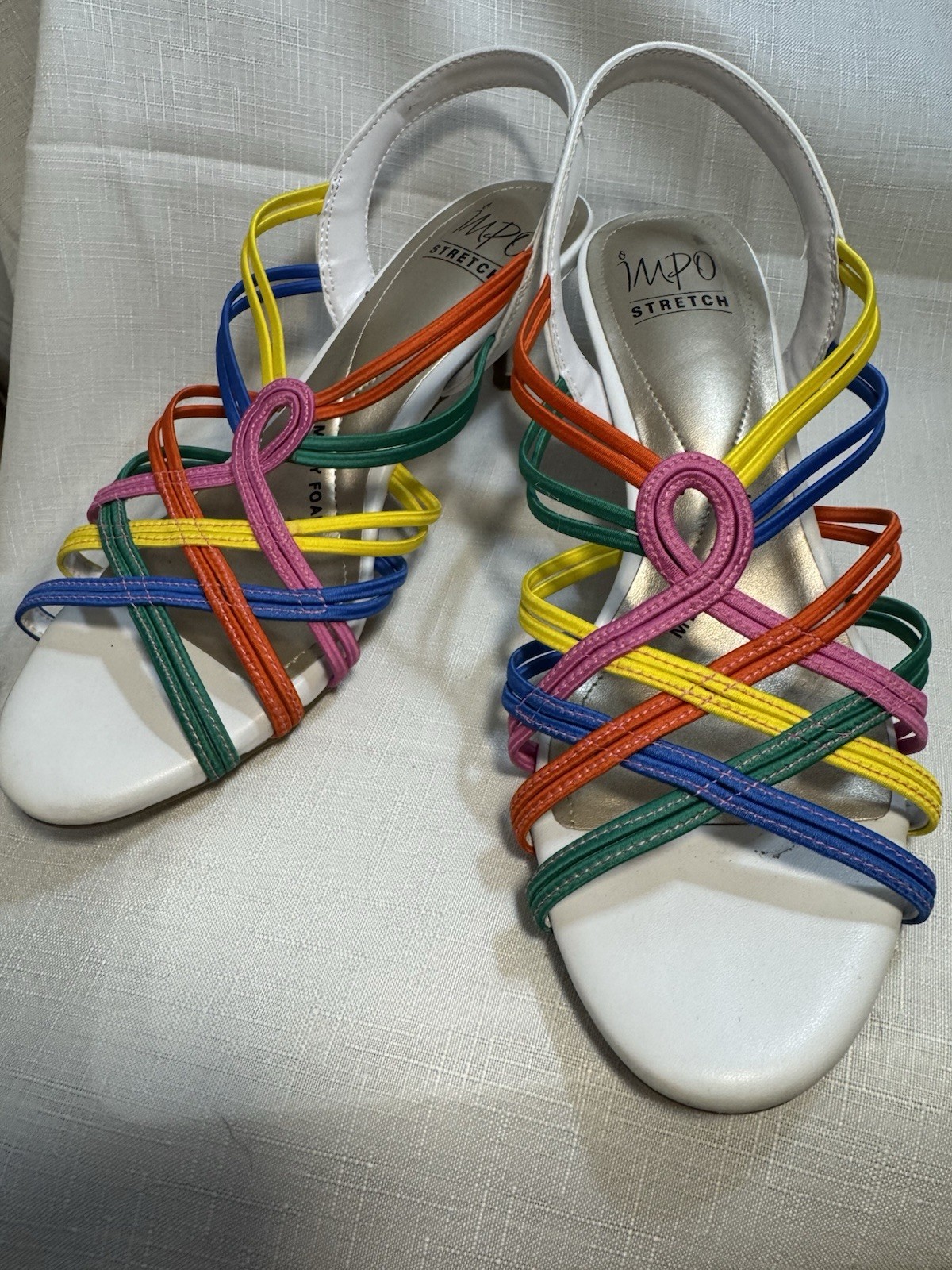 IMPO Stretch Memory Foam Heels Sz 9M, White With Multi Color Straps
