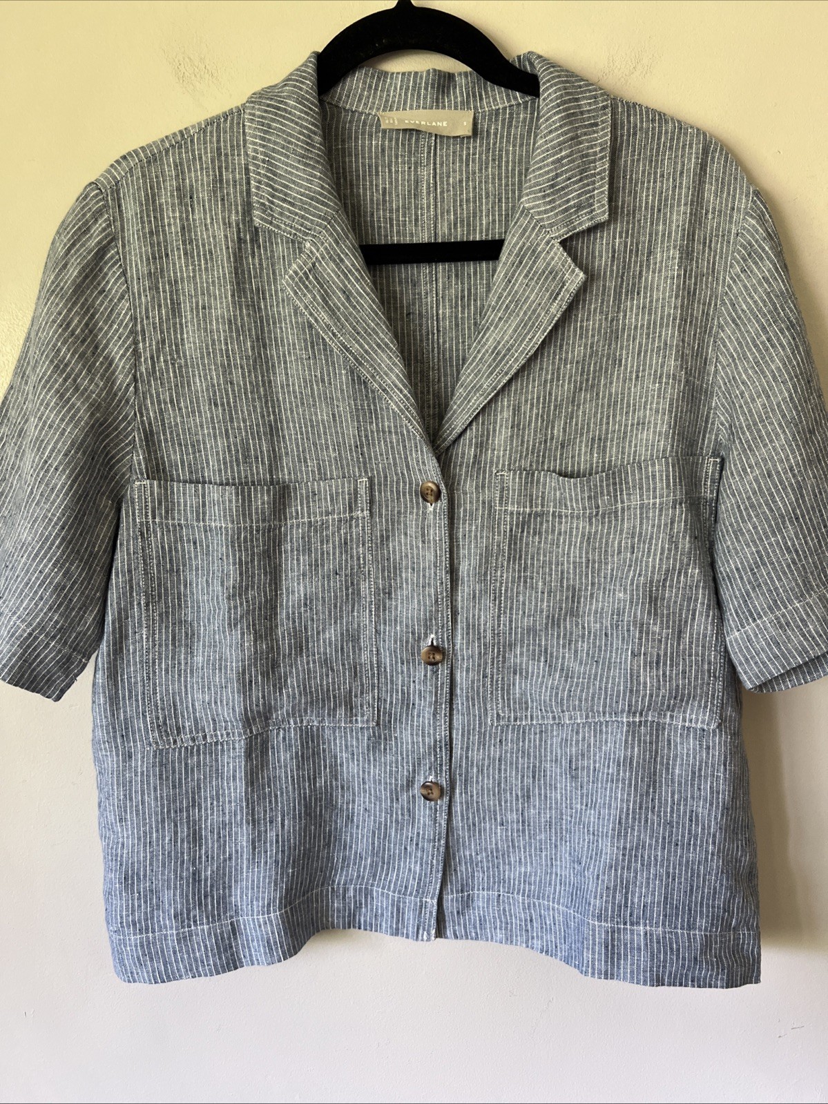 Everlane Boxy Linen Notch Collar Railroad Stripe Short Sleeve Button Down Size S