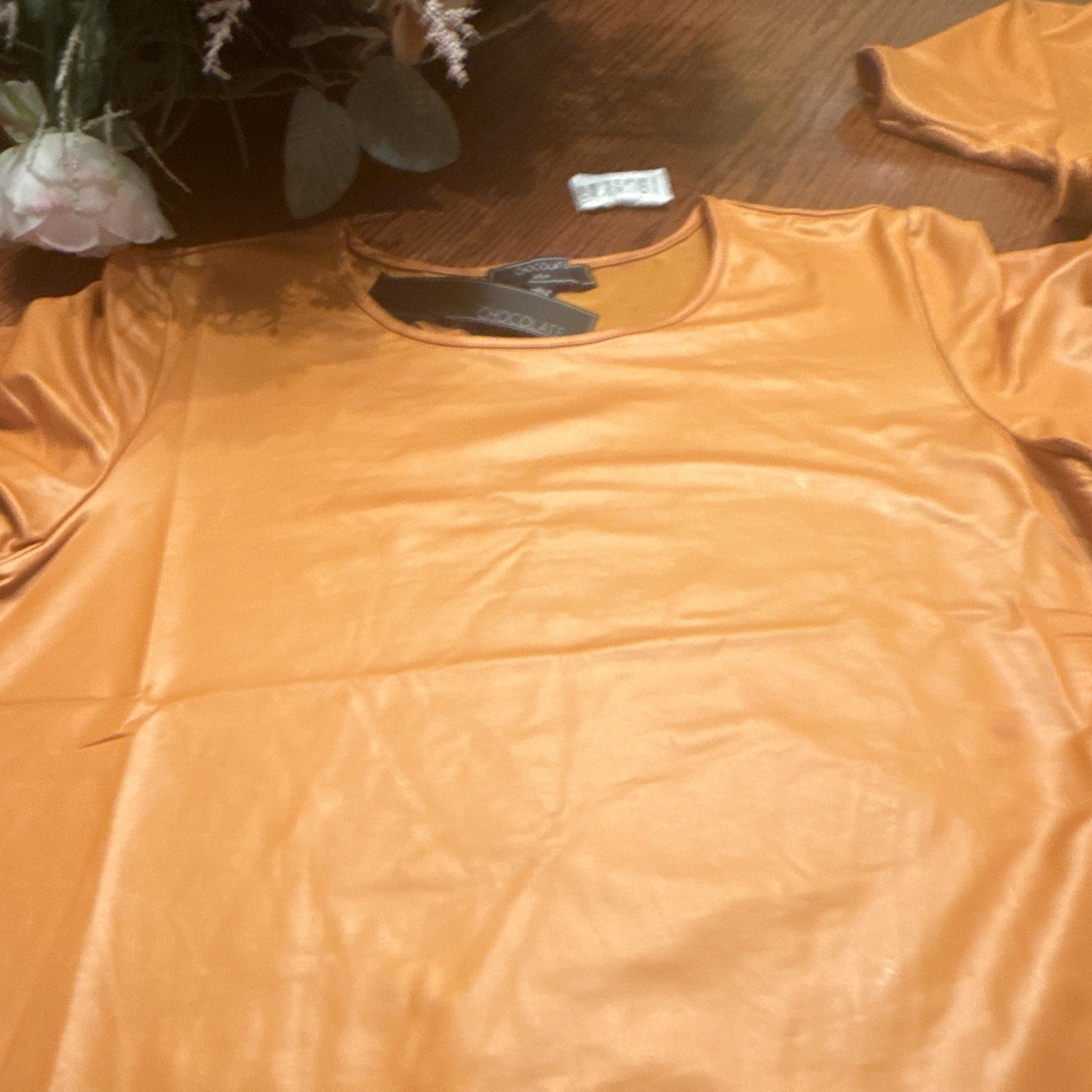 Chocolate Women’s Orange Satin Top L Solid Round Neck Pullover