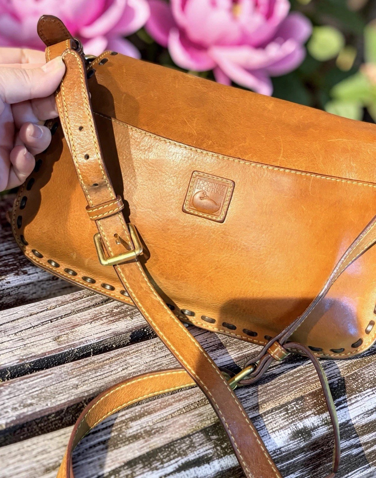 Dooney Bourke Brown Florentine Vacchetta Leather Saddle Messenger Shoulder Bag
