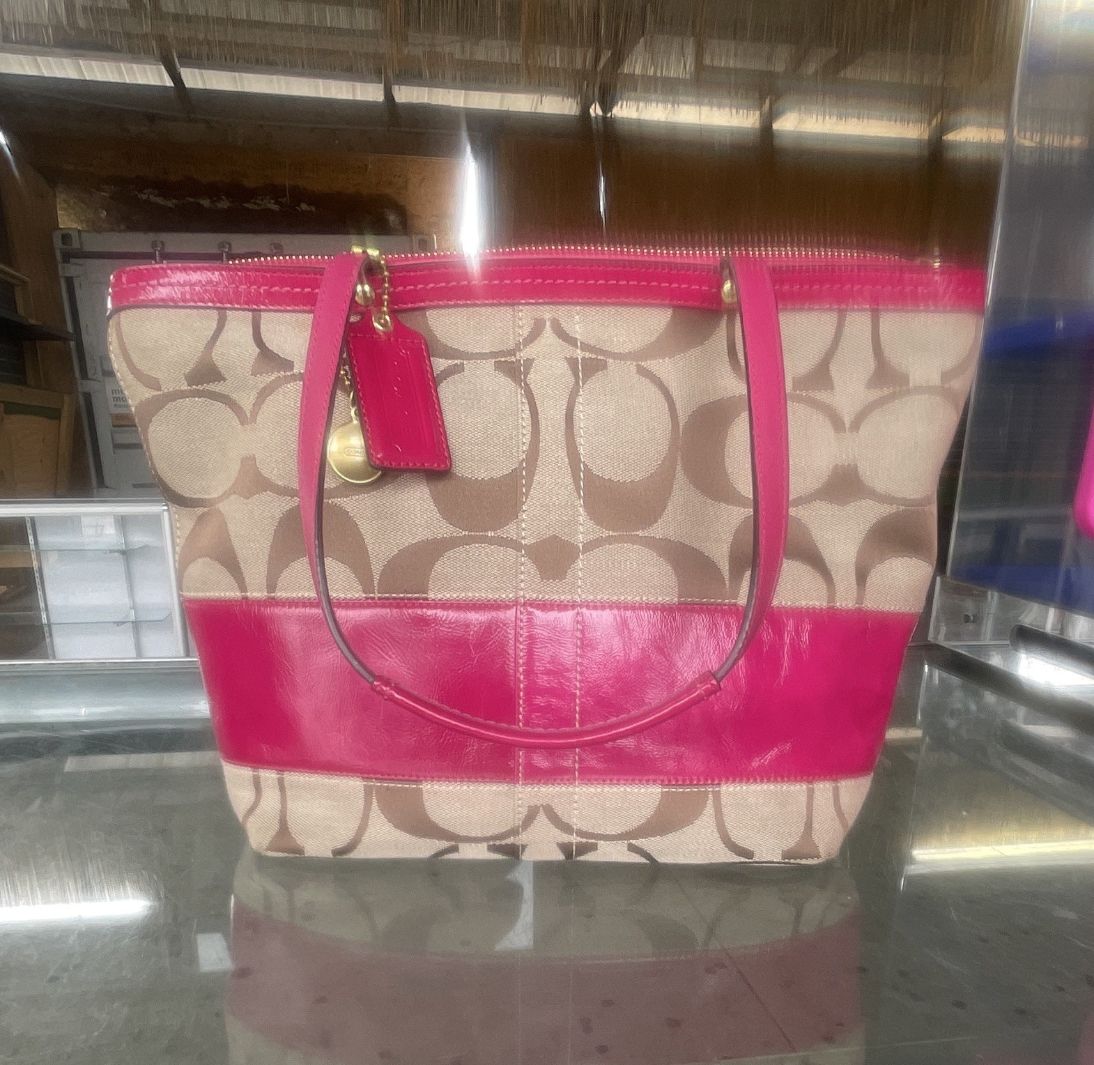 Coach Signature Logo Zip Top Medium Tote Pink/Beige/Brown, Charm, Pockets