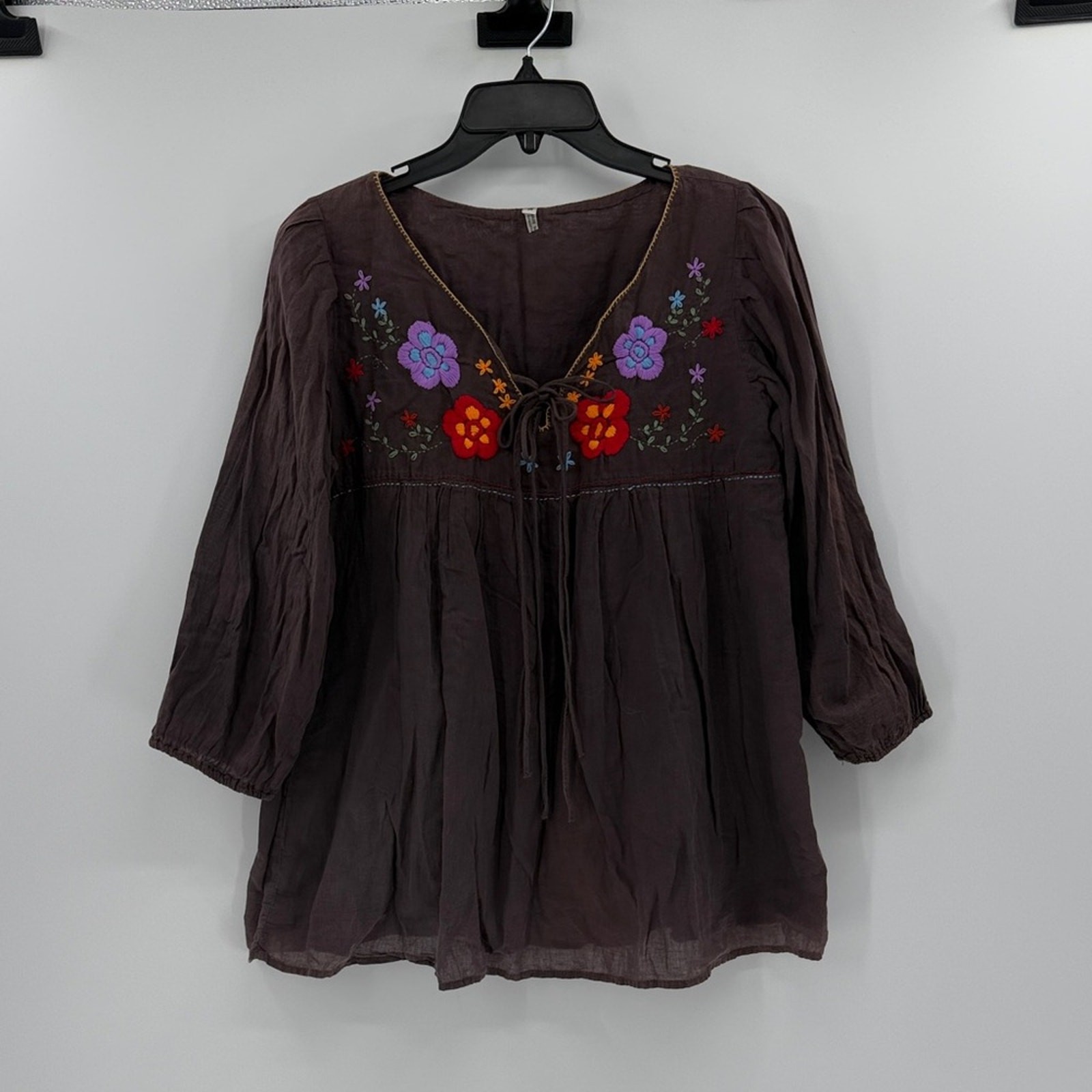 Bohemian Peasant Style Embroidered Top – Brown – Medium