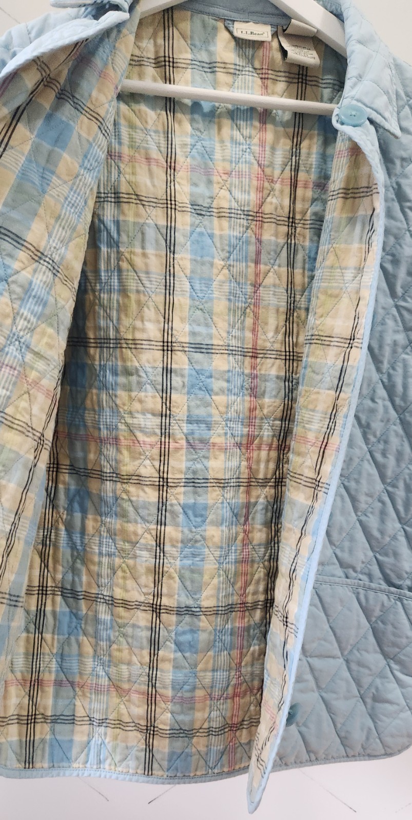 LL Bean Quilted Jacket Women’s Small Baby Blue Plaid Lined Barn Coat Diamond