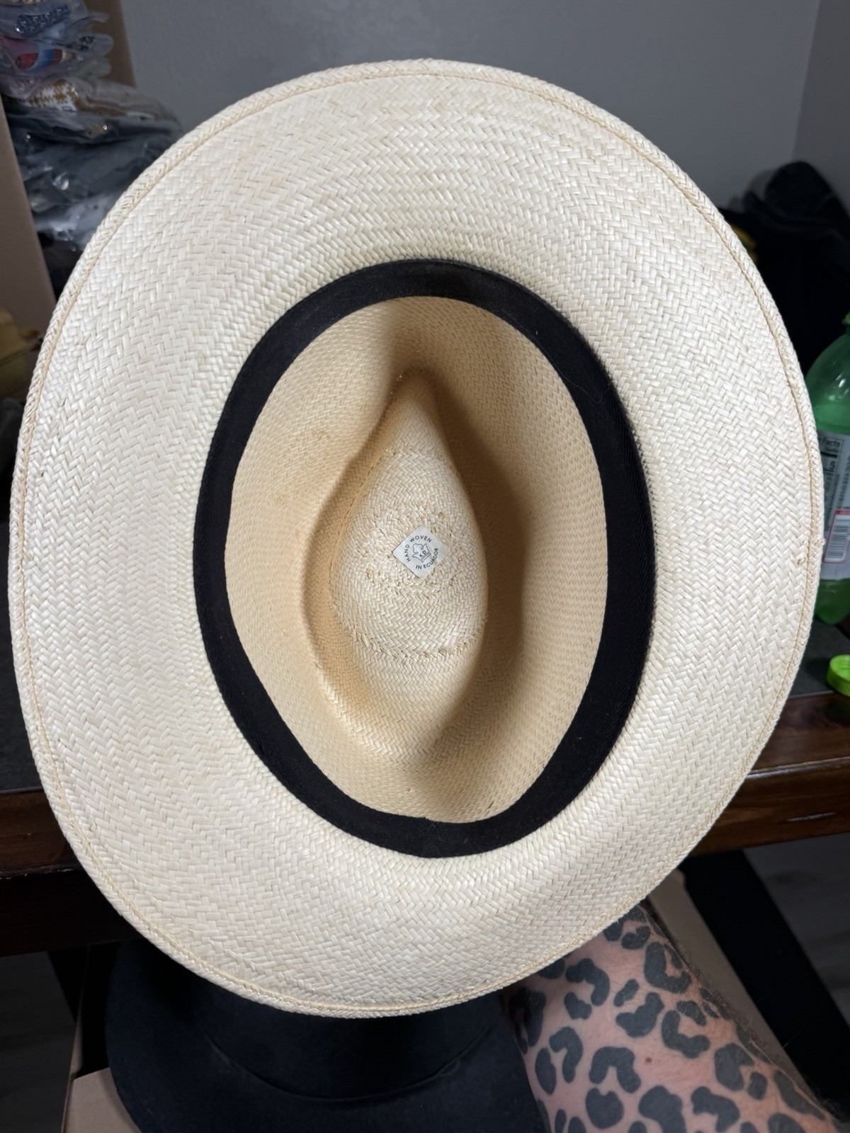 Hand Woven Ecuador Panama Straw Fedora Hat Natural Toquilla Palm Black Band