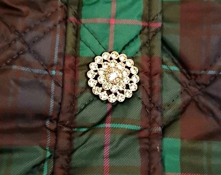Crown & Ivy Navy Green Plaid Quilted Jacket Bling Rhinestone Button Snaps Sz M
