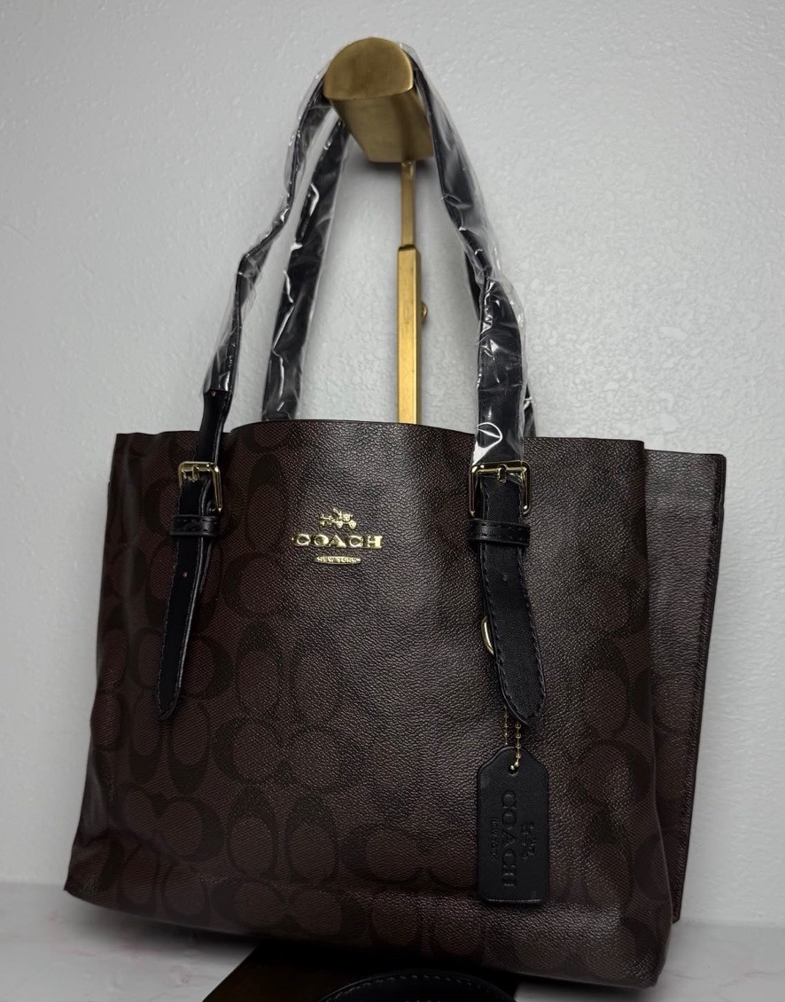 Coach Signature Logo Brown Tote Shoulder Bag Gold Hardware w/Cherry Charm