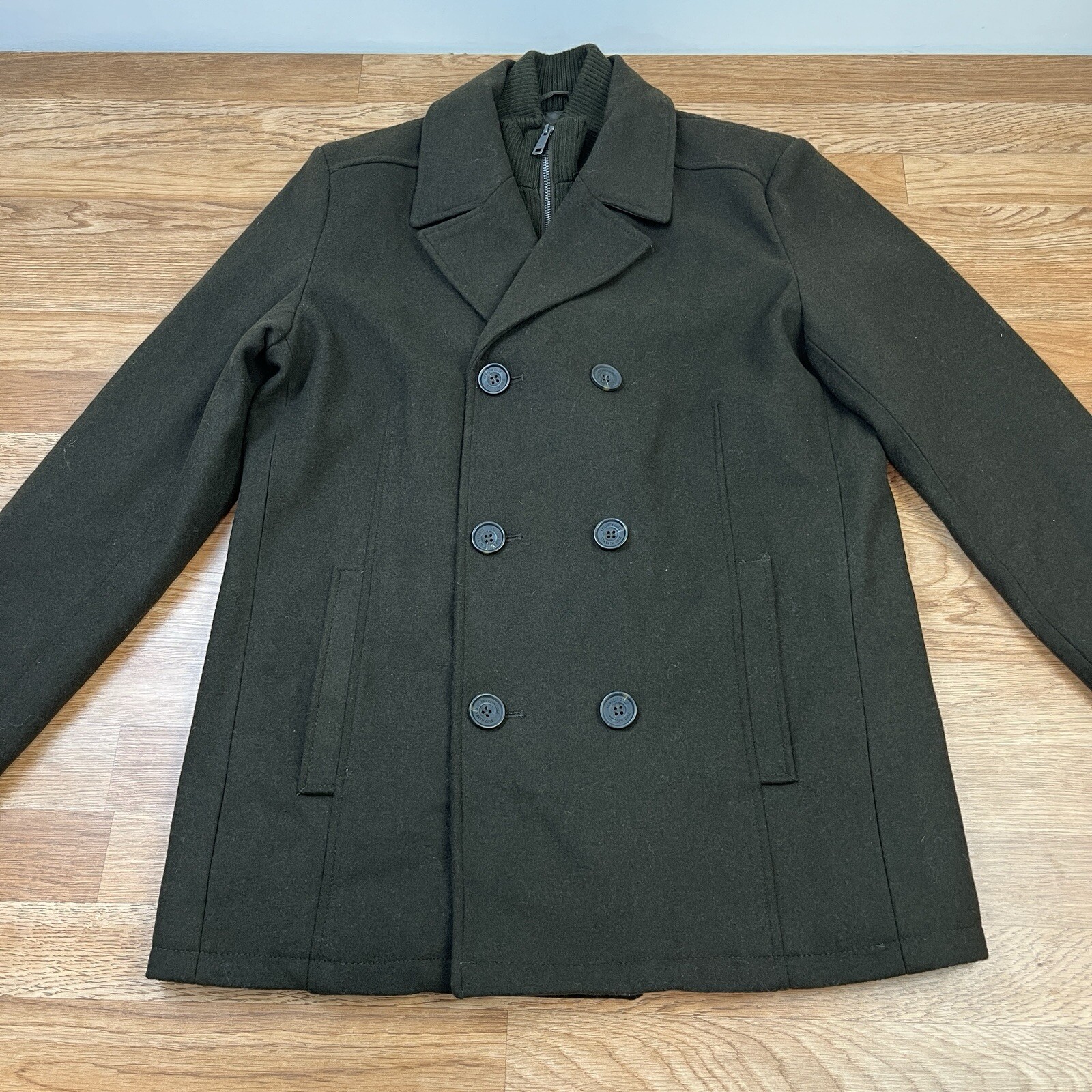 Kenneth Cole Men’s Double Breasted Wool Blend Peacoat Olive Medium NEW