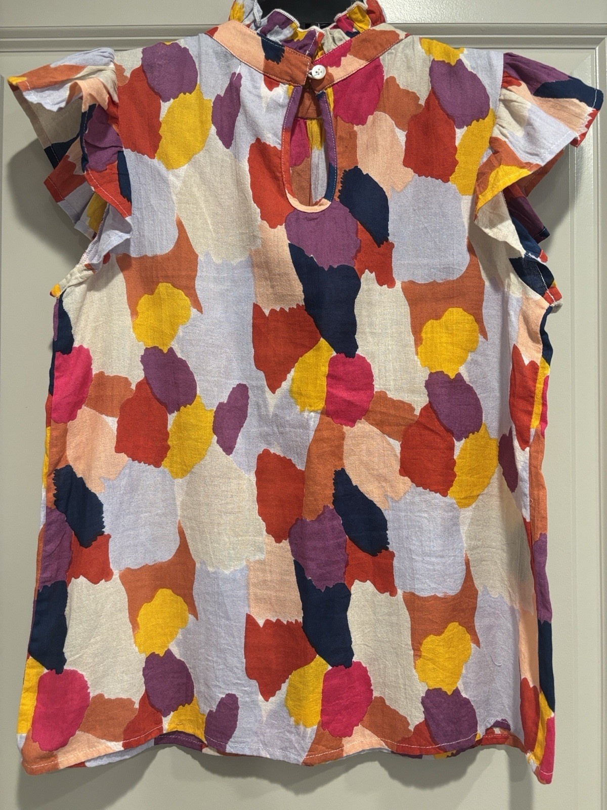 THML Women’s Multicolor Abstract High Neck Ruffle Flutter Sleeve Blouse S