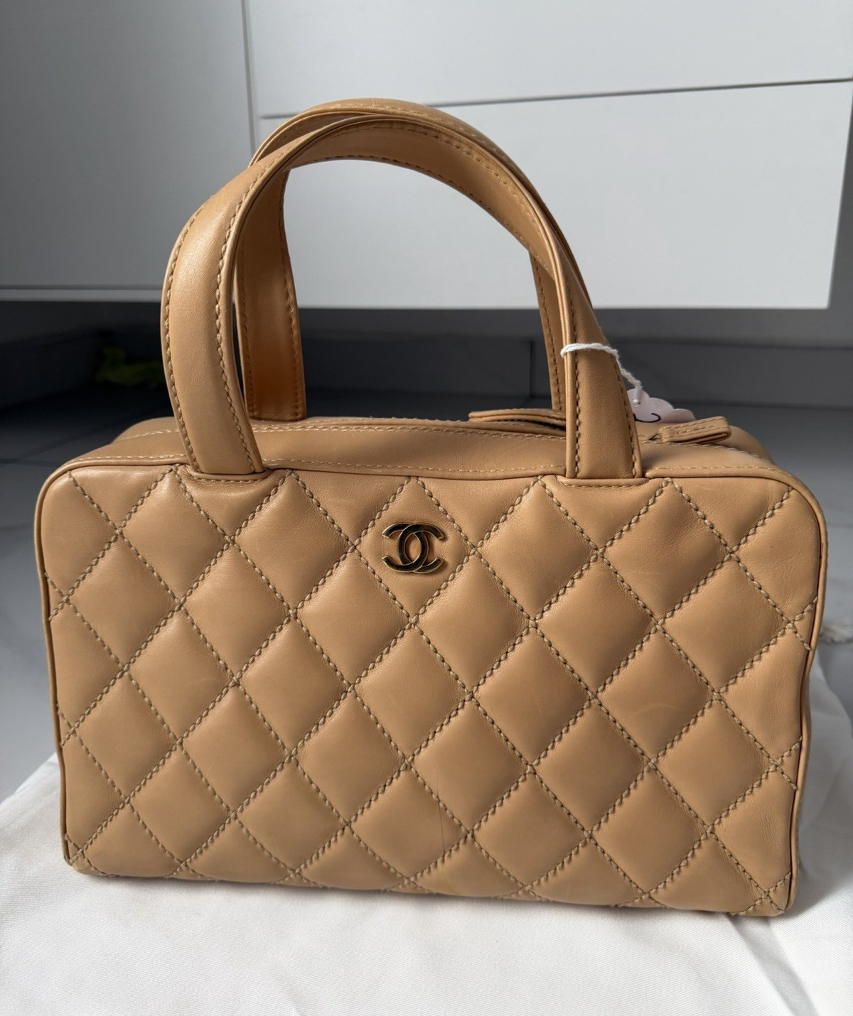 CHANEL Beige Quilted Top Handle Satchel Zip Bag CC Logo Gold Hardware
