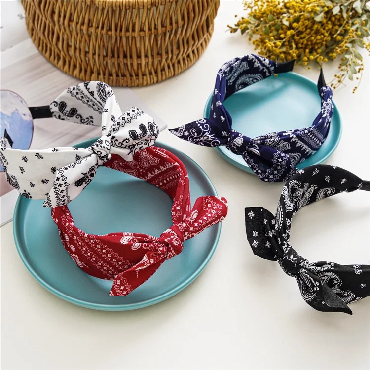 Fashion Paisley Bandana Headband for Women Top Knotted Bow Hairbands Cute Rabbit
