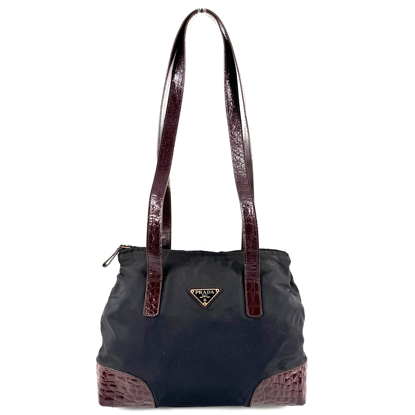 PRADA Nylon Shoulder Tote Bag Black Gold Logo