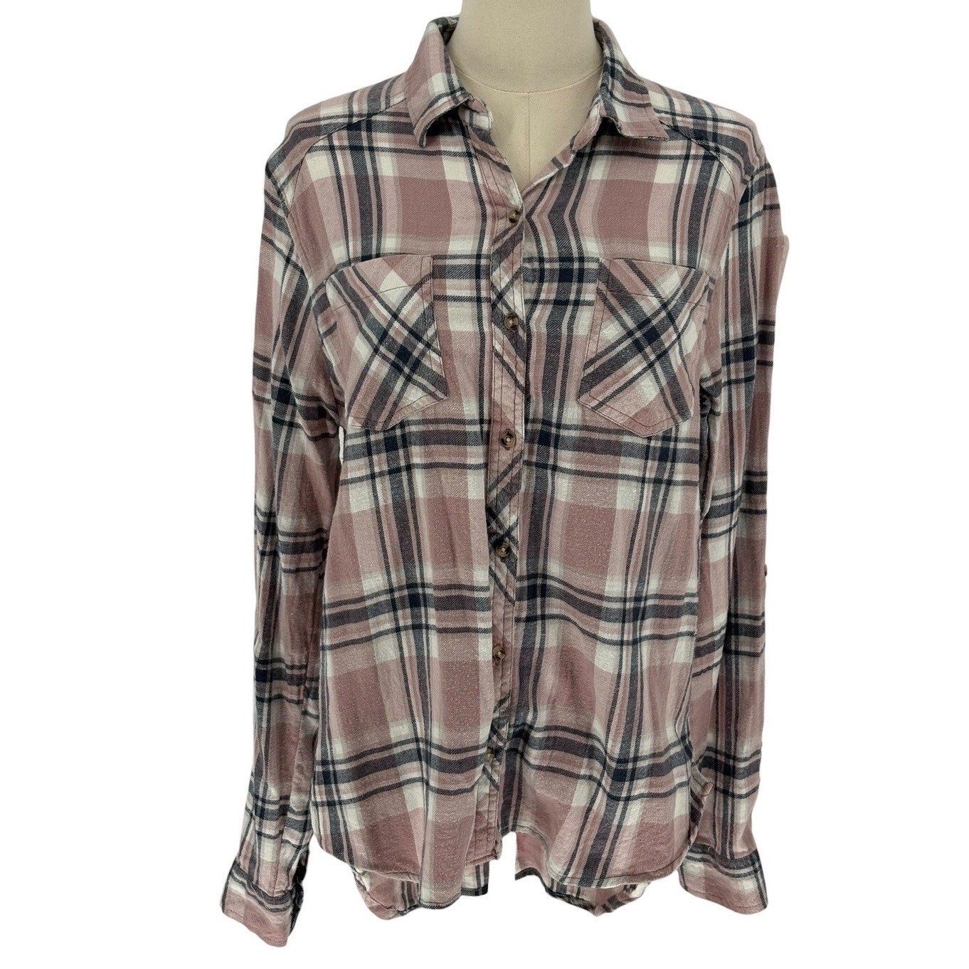Love Notes Button Down Shirt Mauve Pink Plaid 100% Cotton Large