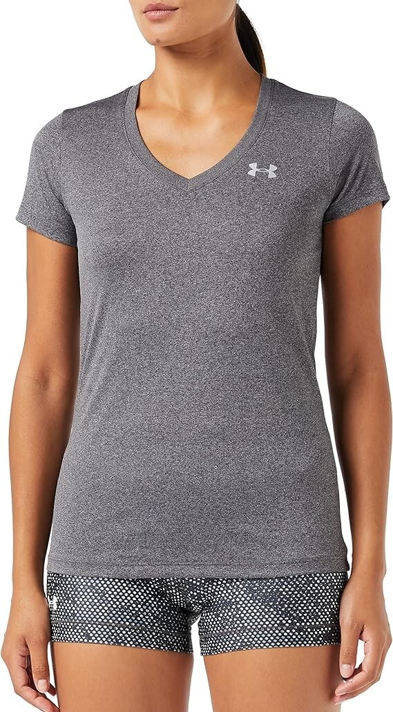 UNDER ARMOUR WOMEN TECH V-NECK TWIST SHORT SLEEVE T-SHIRT MOISTURE WICKING GREY