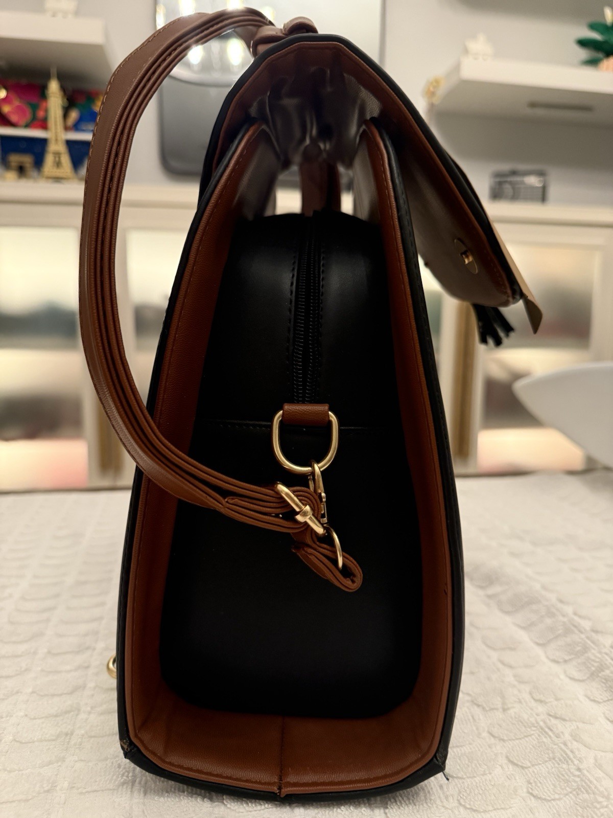 UB Black/Brown Sunflower Satchel Top Handle, Detachable Strap, Tassel Zip