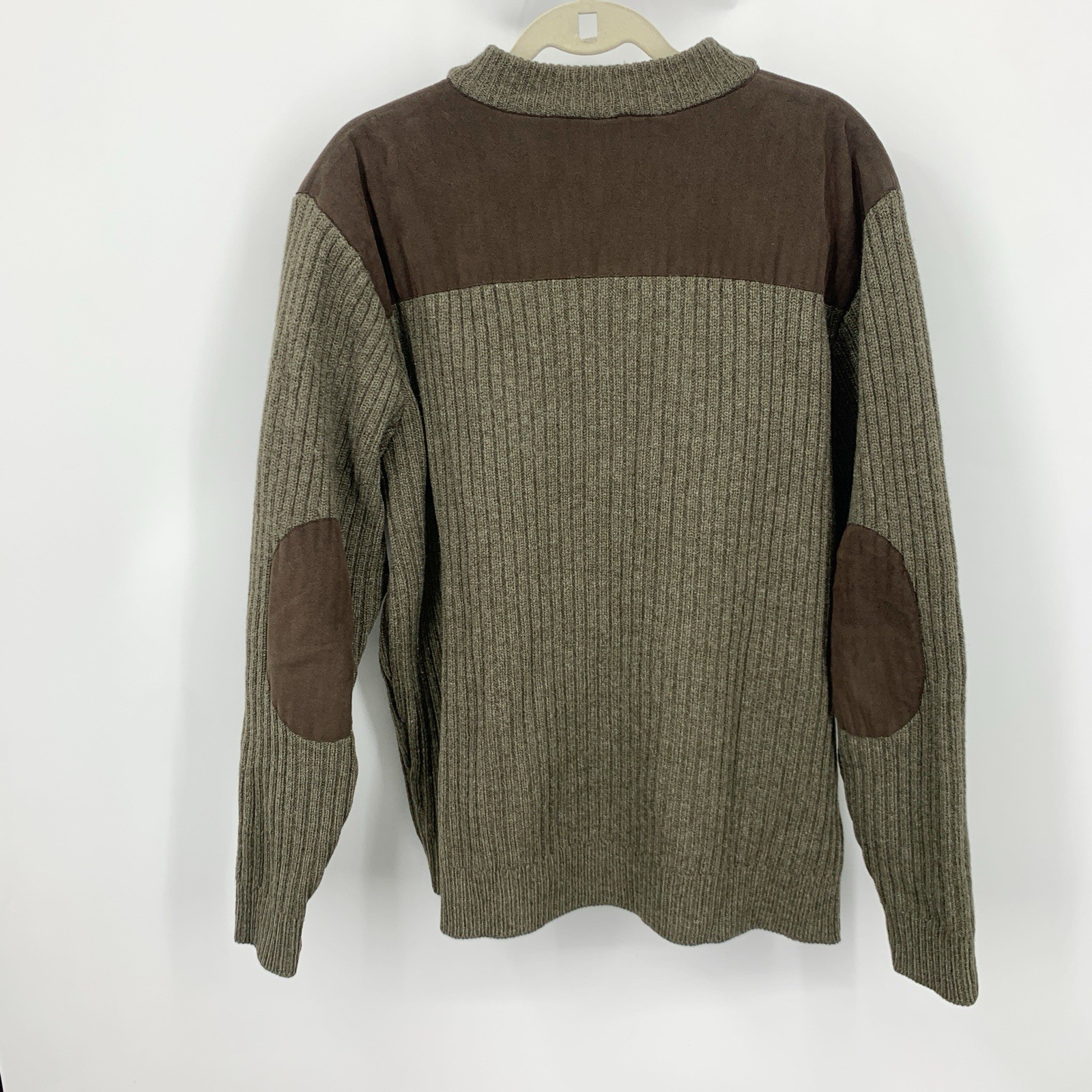 LL Bean Men Size XL Sweater Commando 100% Wool Brown Elbow Patches Henley Knit