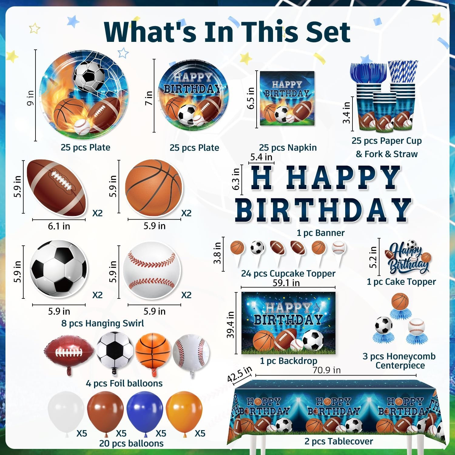 222Pcs Sports Birthday Party Decorations Tableware Set, 25 Serves | Disposabl…