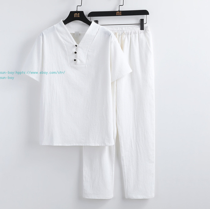 New Men Linen Set 2pcs Button Shirts Drawstring Pants Sets Summer Beach Outfits