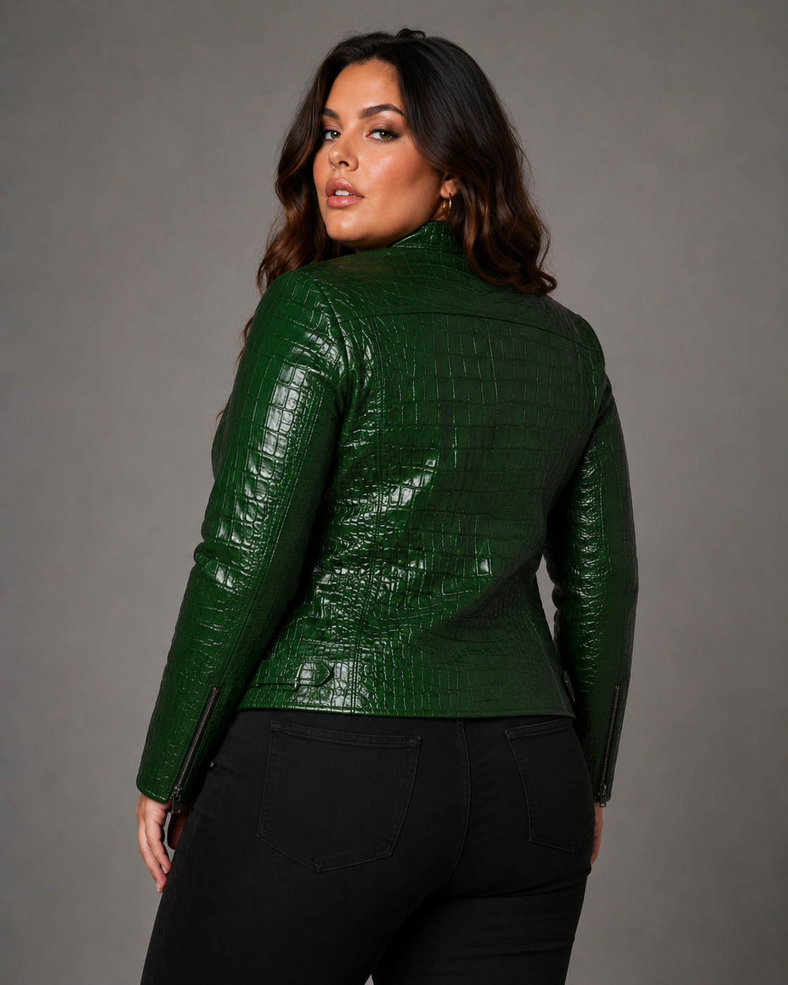 Women’s Plus Size Green Croc Embossed Genuine Leather Fitted Moto Jacket