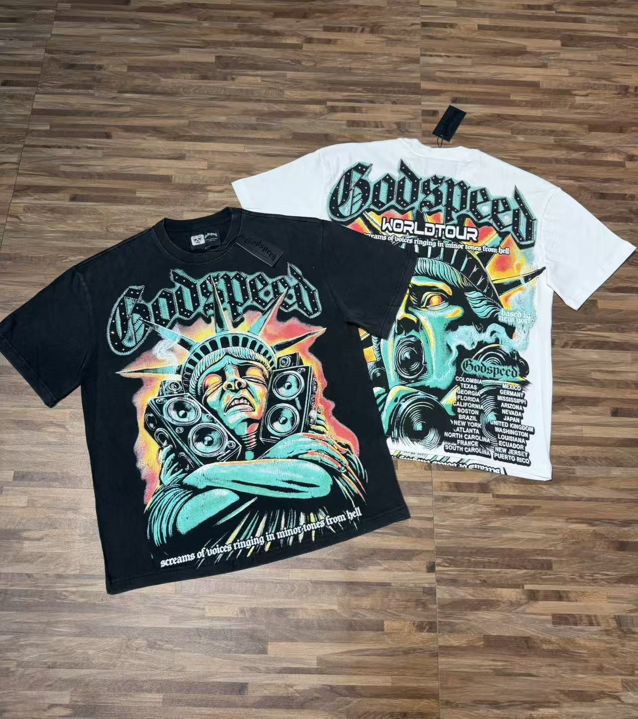 26SS Godspeed Mocking the Statue of Liberty printing Tee Mens Cotton T-shirt