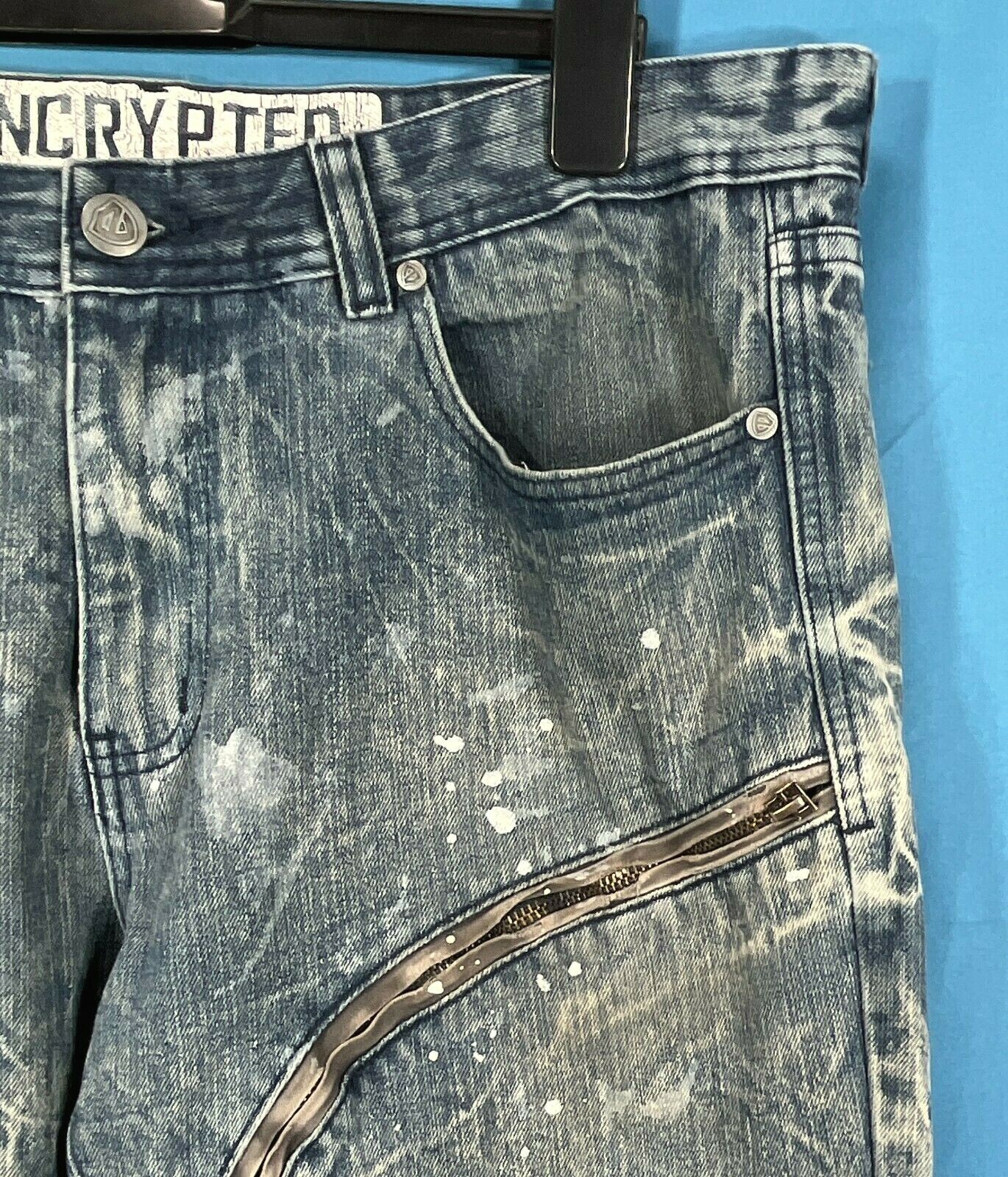 VTG ENCRYPTED Distressed ACID WASH Denim PAINT SPLATTER Zipper MOTO Jeans 38-32