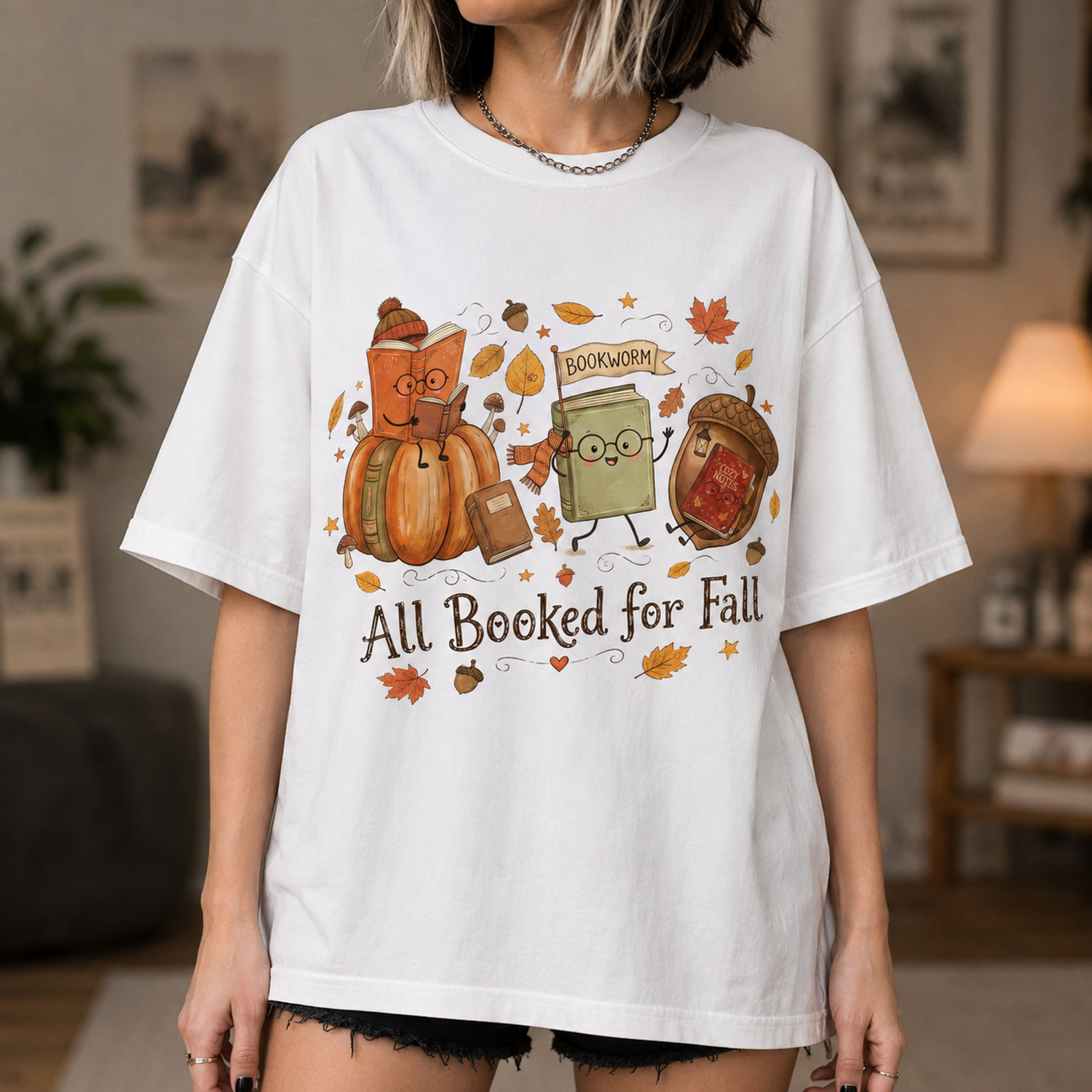 All Booked for Fall Shirt Cute Bookworm Autumn Books Reading Lover Fall Graphic