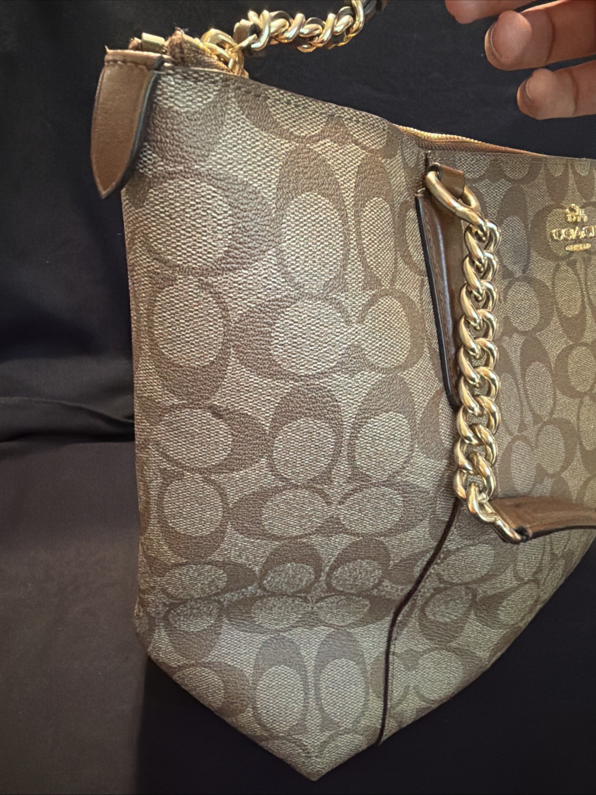 COACH Ava Chain Tote Light Khaki Chalk Leather Spacious Handbag See Pictures!