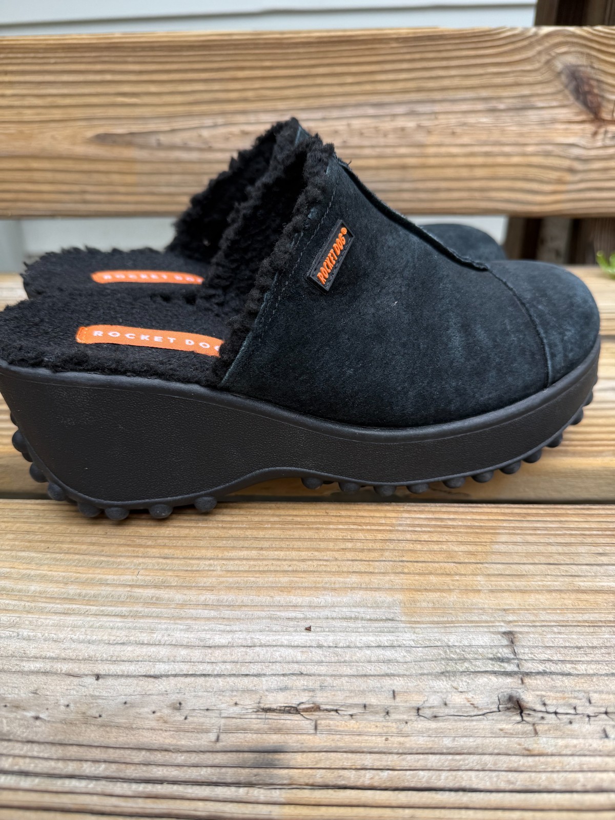 Rocket Dog Womens 9 Black Suede Faux Fur Sherpa Lined Chunky Platform Clogs
