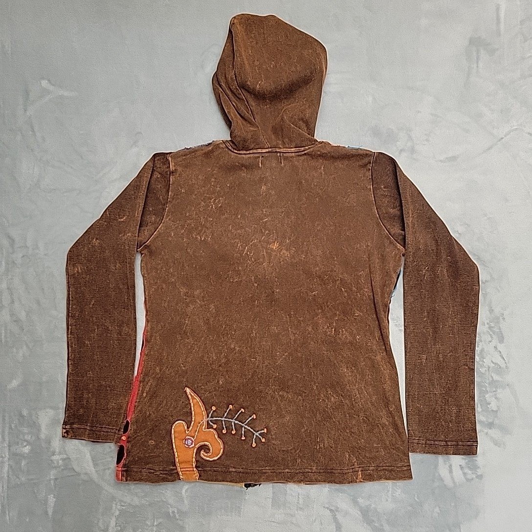 Rising International Patchwork Full Zip Hoodie Women Large Brown Boho Hippie