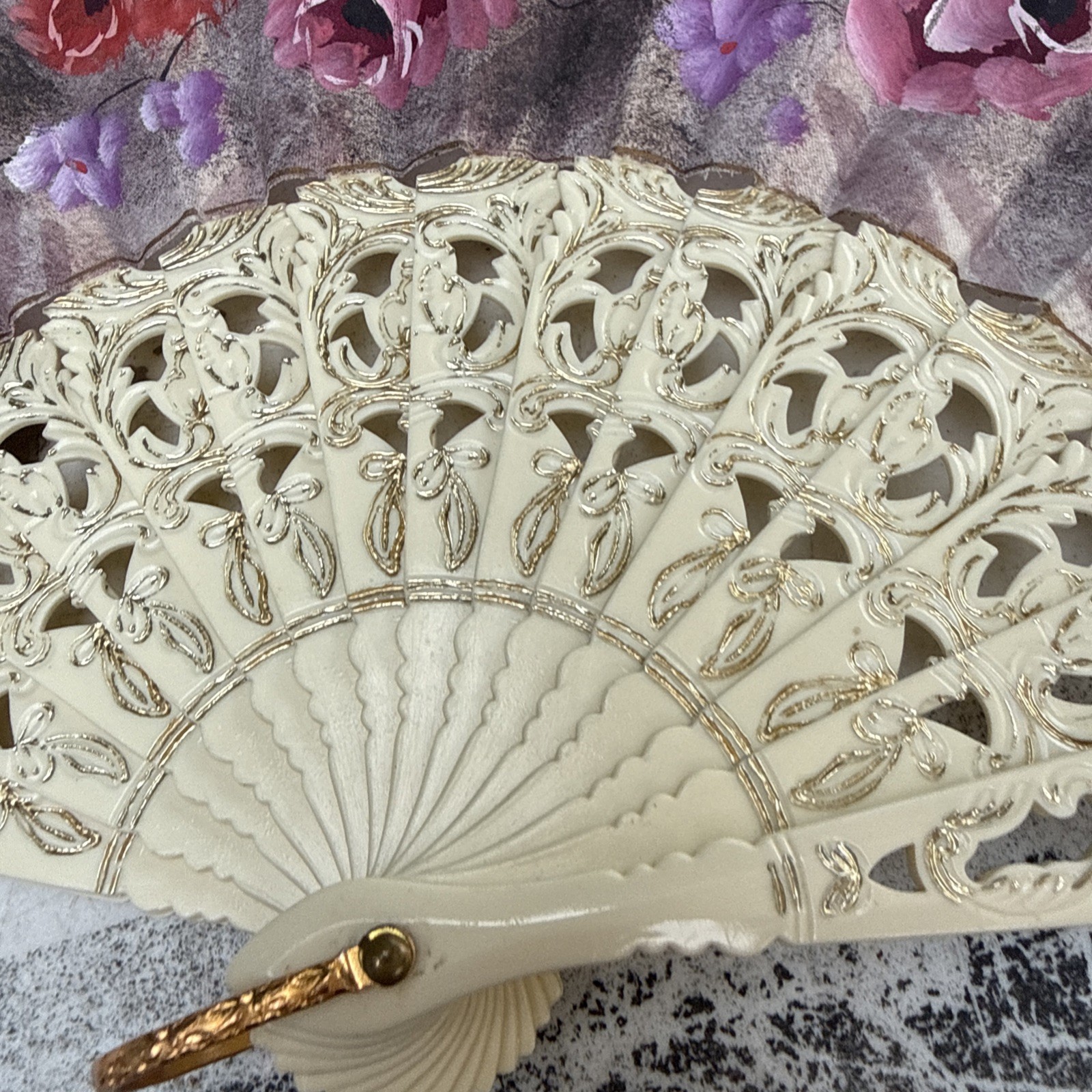 Victorian Style Multicolor Floral Hand Fan Black Lace Trim Fabric Plastic