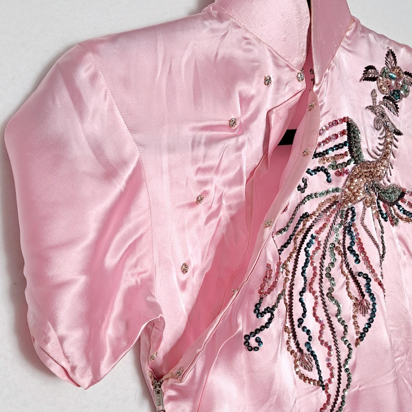 Vintage 50s 60s Pink Silk Satin Cheongsam Qipao Phoenix Sequin Beaded Dress S