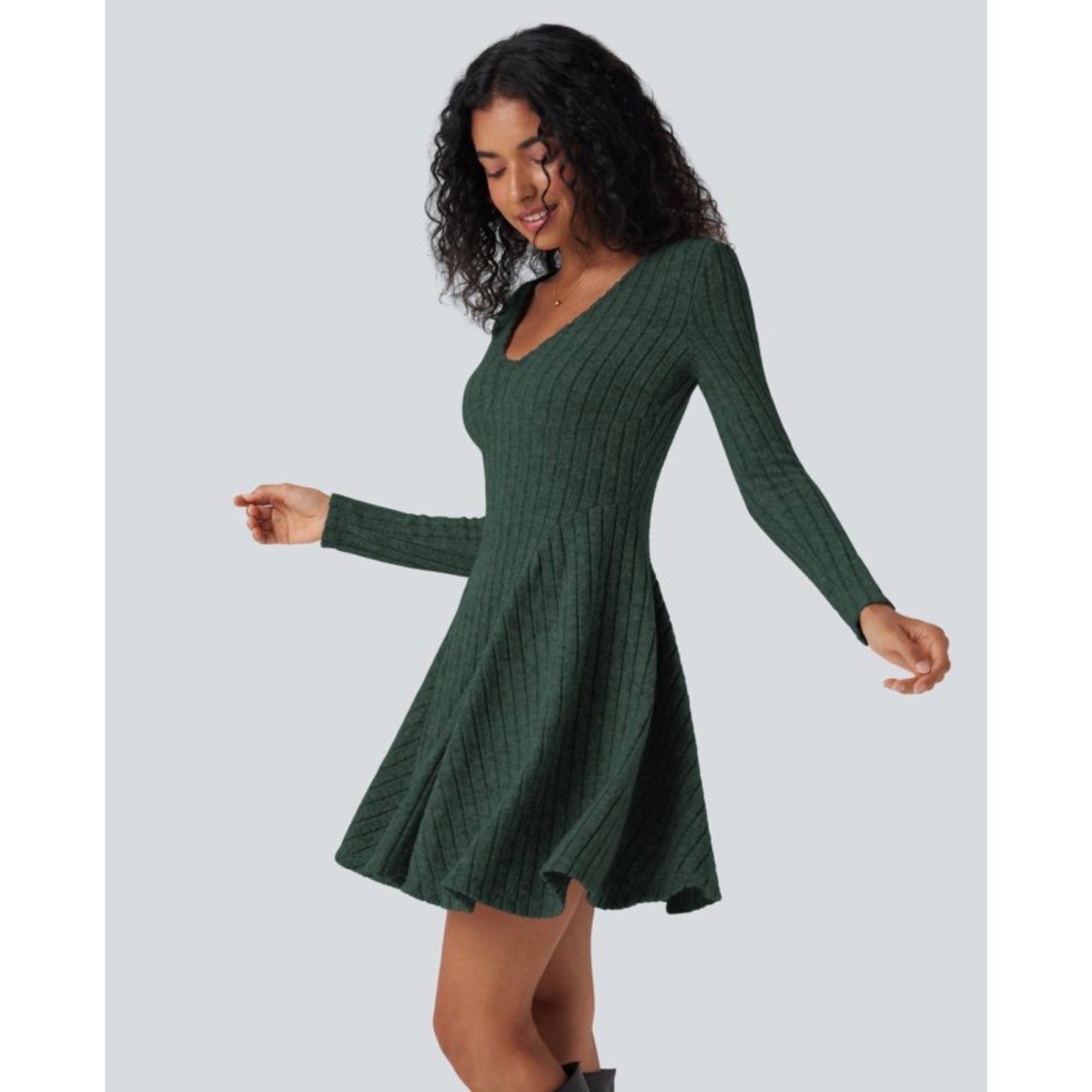 Halara Green Ribbed Fit & Flare Dress – Long Sleeve V-Neck – Size S