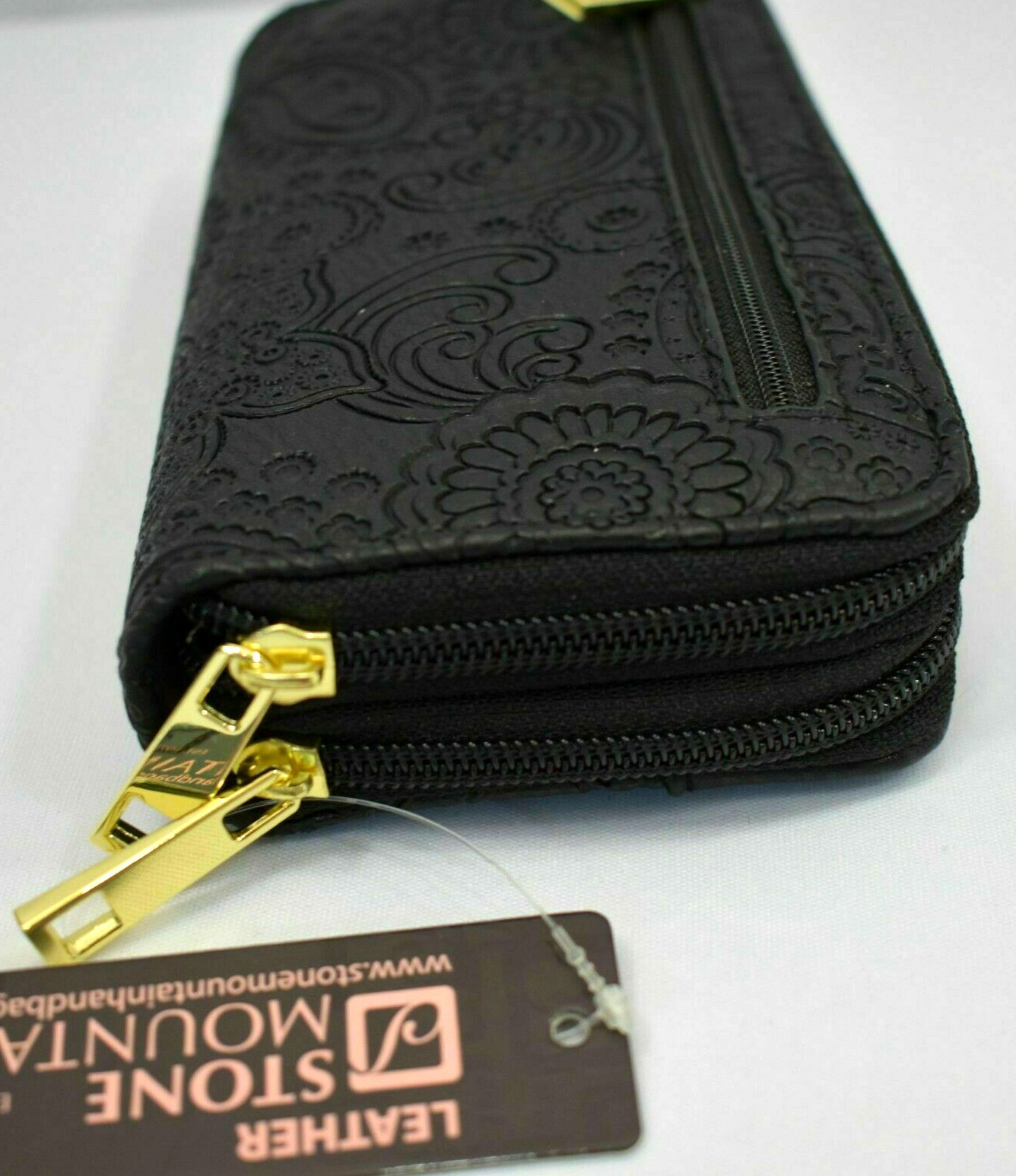Stone Mountain Black Leather Paisley Zip Around Wallet & Checkbook NEW