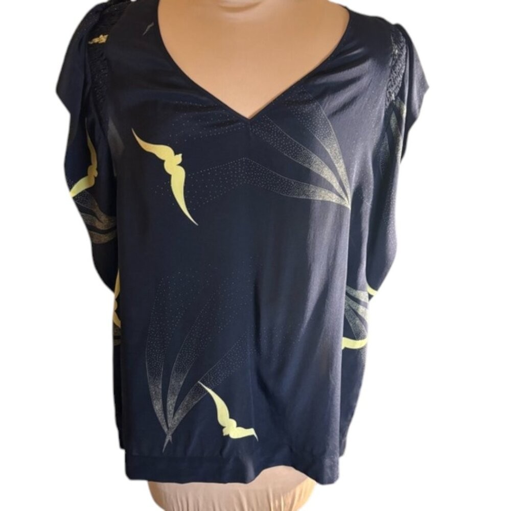 Burning Torch 100% Silk Bird Print Top Navy Flutter Sleeve Boho Blouse Size S