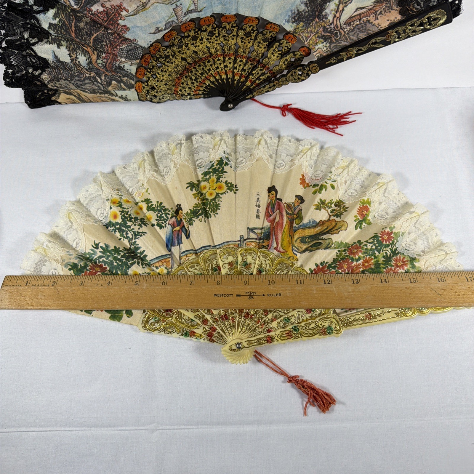 2 Vintage 1980’s Classical Scent Hand Fans fan Lace Fabric Plastic