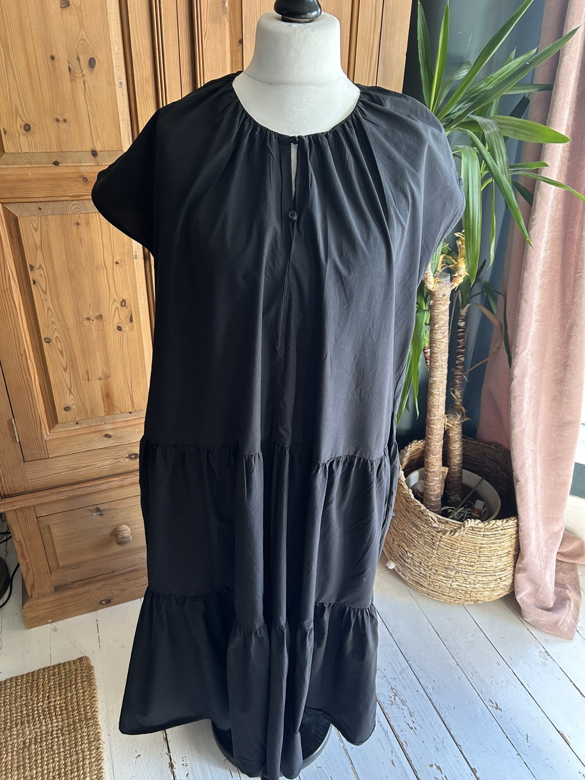 COS oversized black tiered a-line cotton Lagenlook maxi dress size 12-14 ch 52