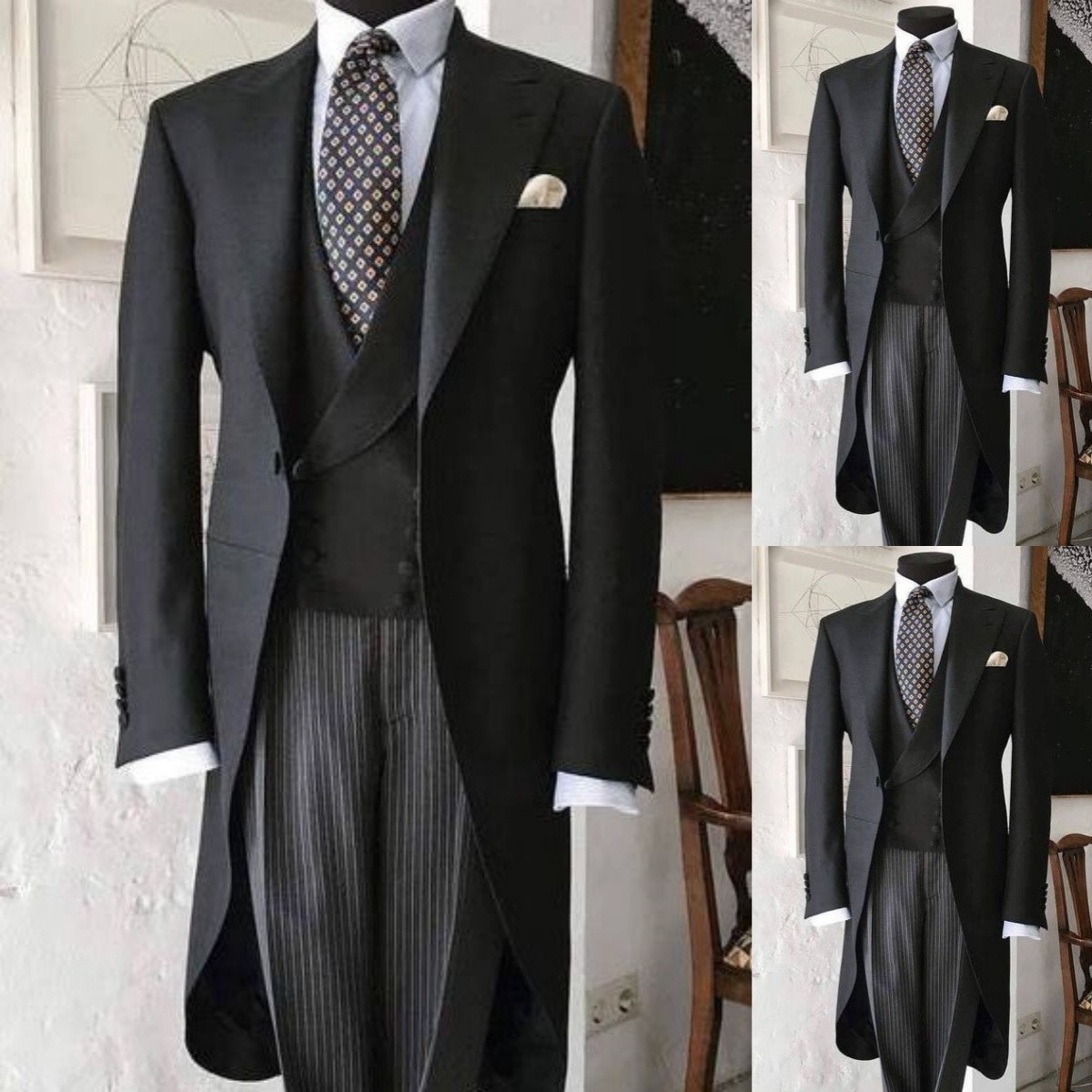 Black Men’s Suits Tailcoat Tuxedos Peak Lapel Party Jacket 3Pcs Casual Dinner