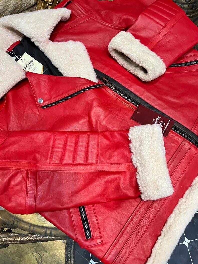 Handmade New Men’s Red Sheepskin Leather Shearling Jacket – Stylish Christmas