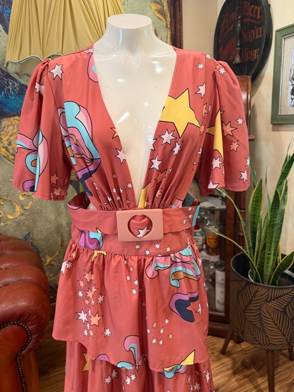 STYLEBYGG Retro Psychedelic Maxi Dress Cutout Tiered Boho Festival Pink Multi Sz