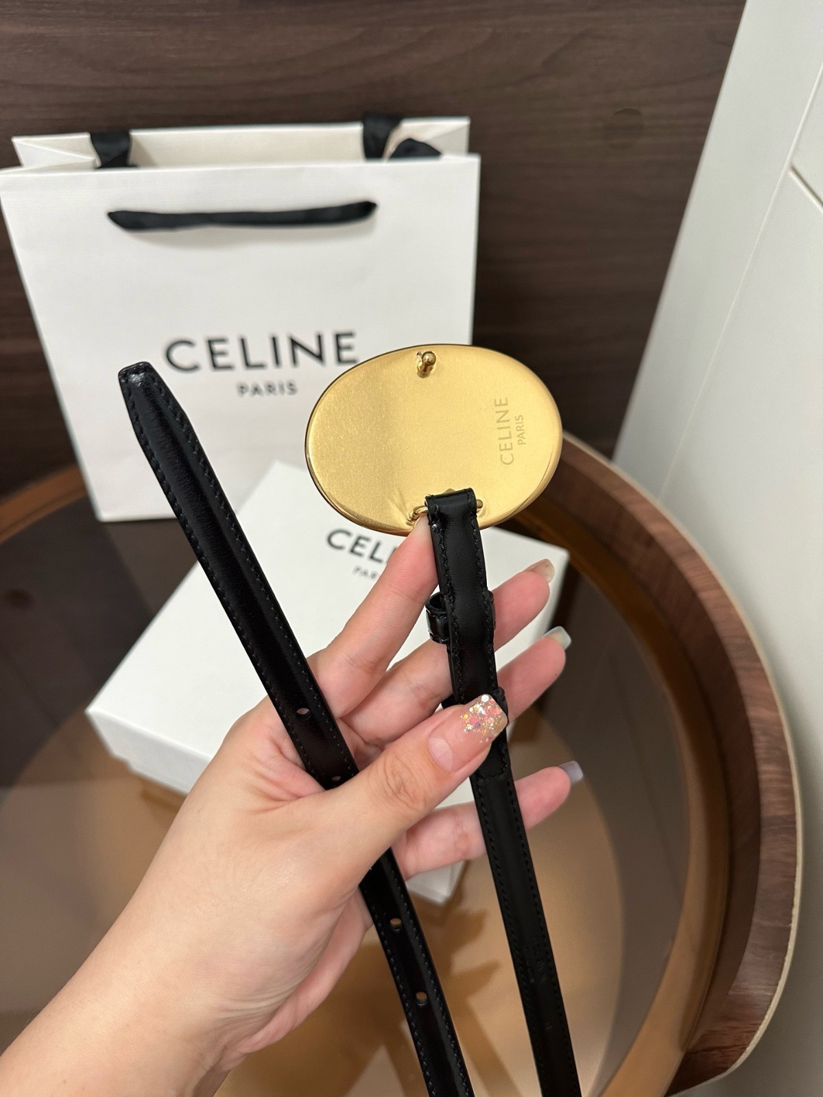 Women Celine Black Leather 13mm/0.51in Belt Size L: 90/36