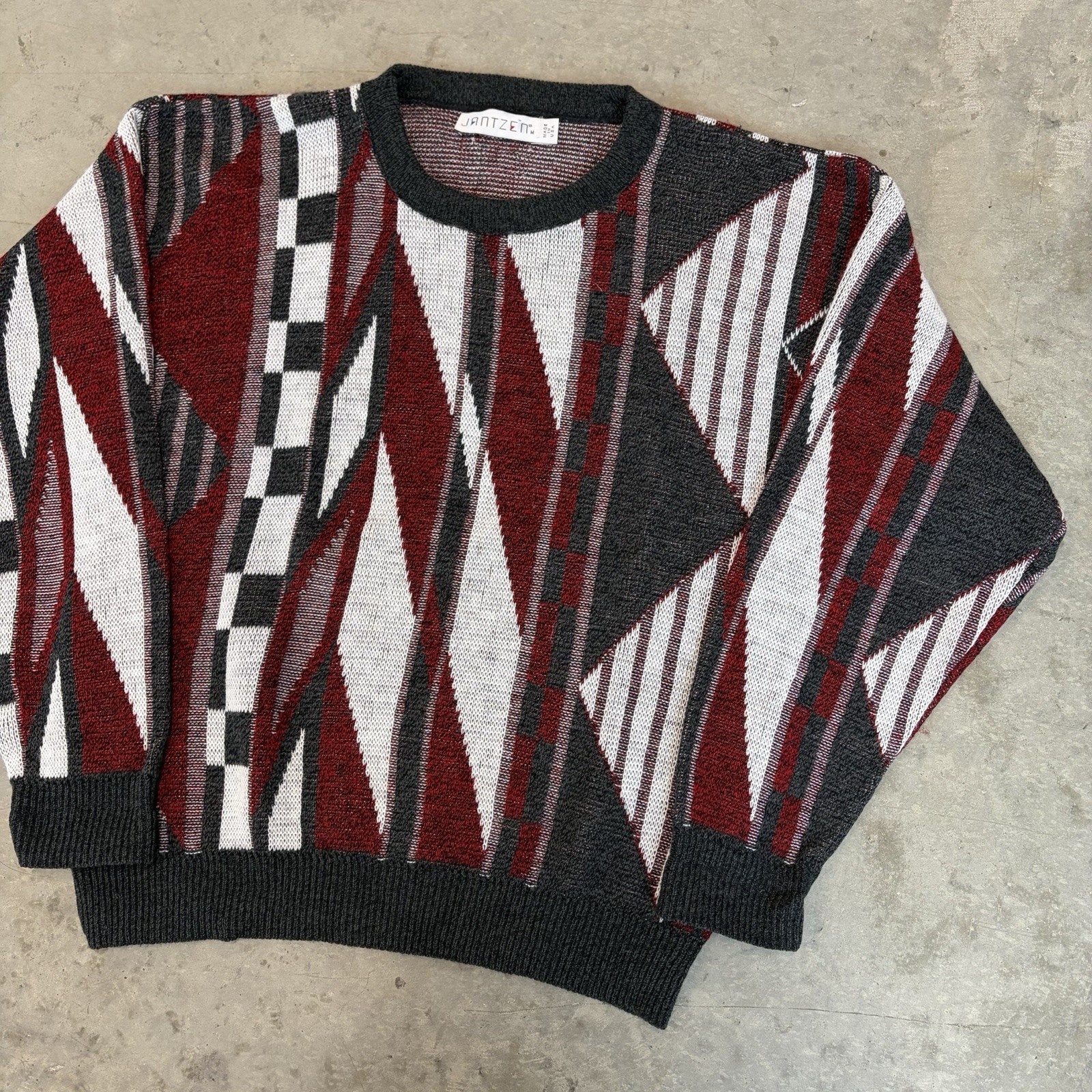 Vintage 90s Jantzen Geometric Sweater USA Made Multicolor Red White Gray Medium