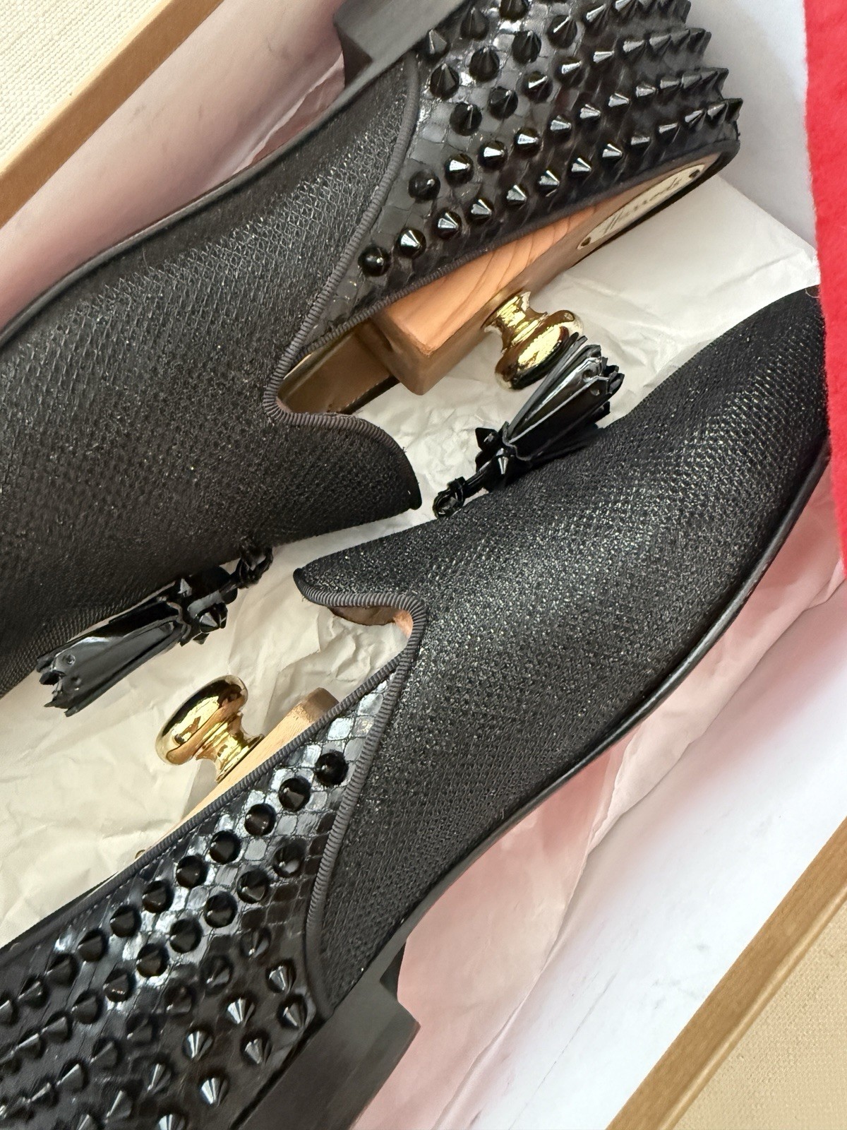 Christian Louboutin Dandelion Tassel Black Glitter Spike Mens Loafers Size 42