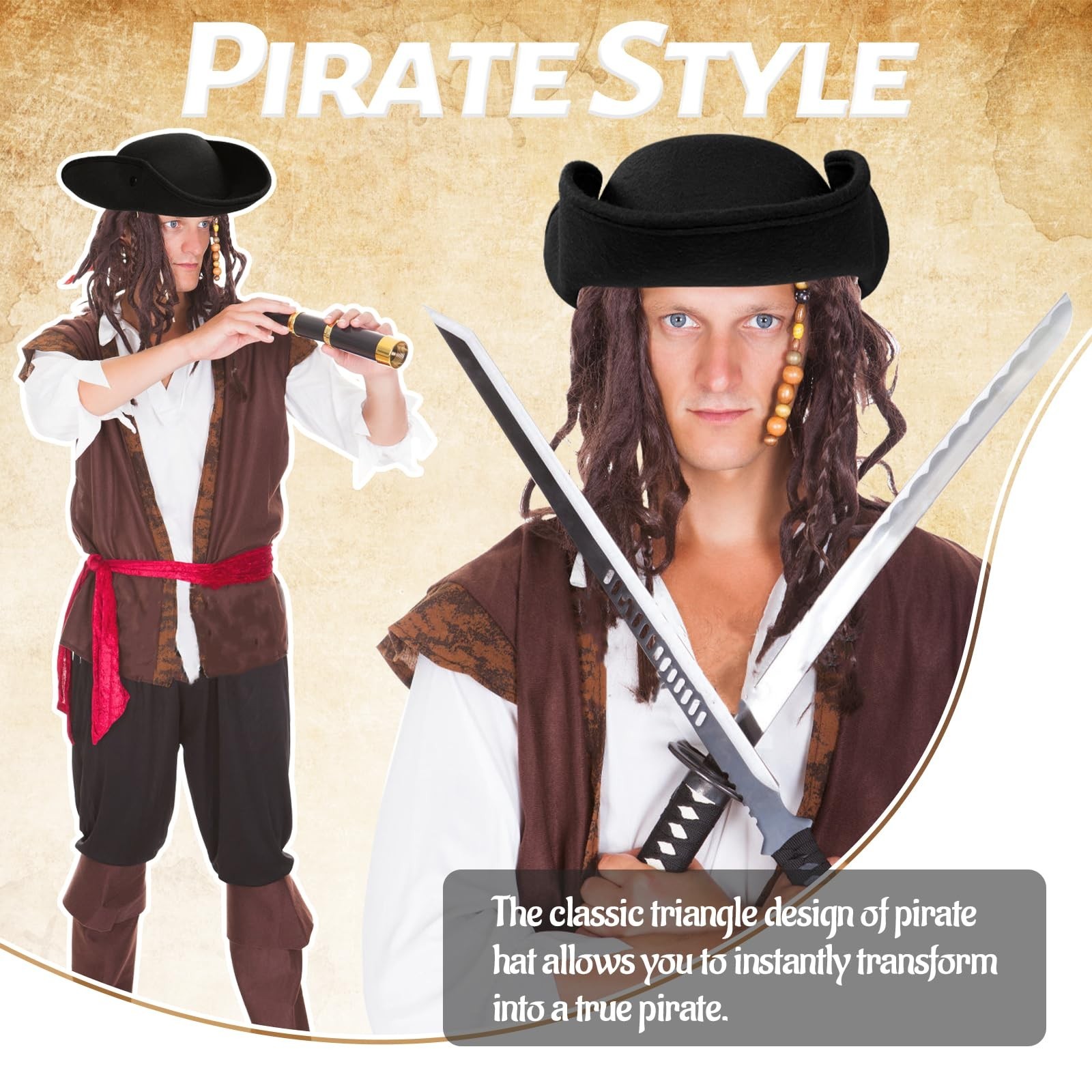 Pirate Tricorn Hat Colonial Costume Accessory for Halloween Cosplay Party