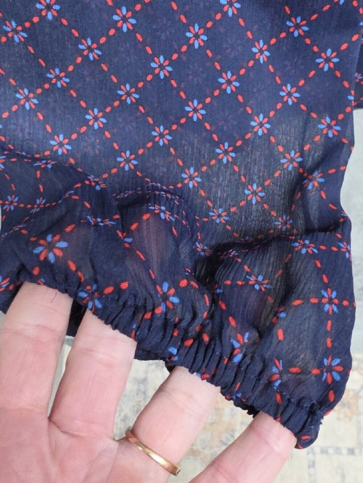 Draper James Navy Smocked Yoke Blouse with Pink Geometric Print