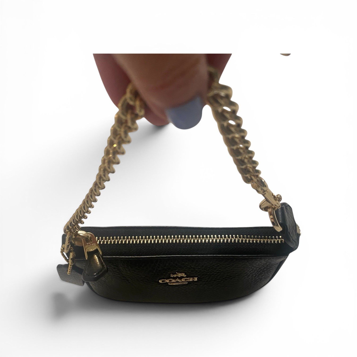 Coach Nolita 15 Clutch Black Pebbled Leather Wristlet Pouch w/ Gold-Tone Chain