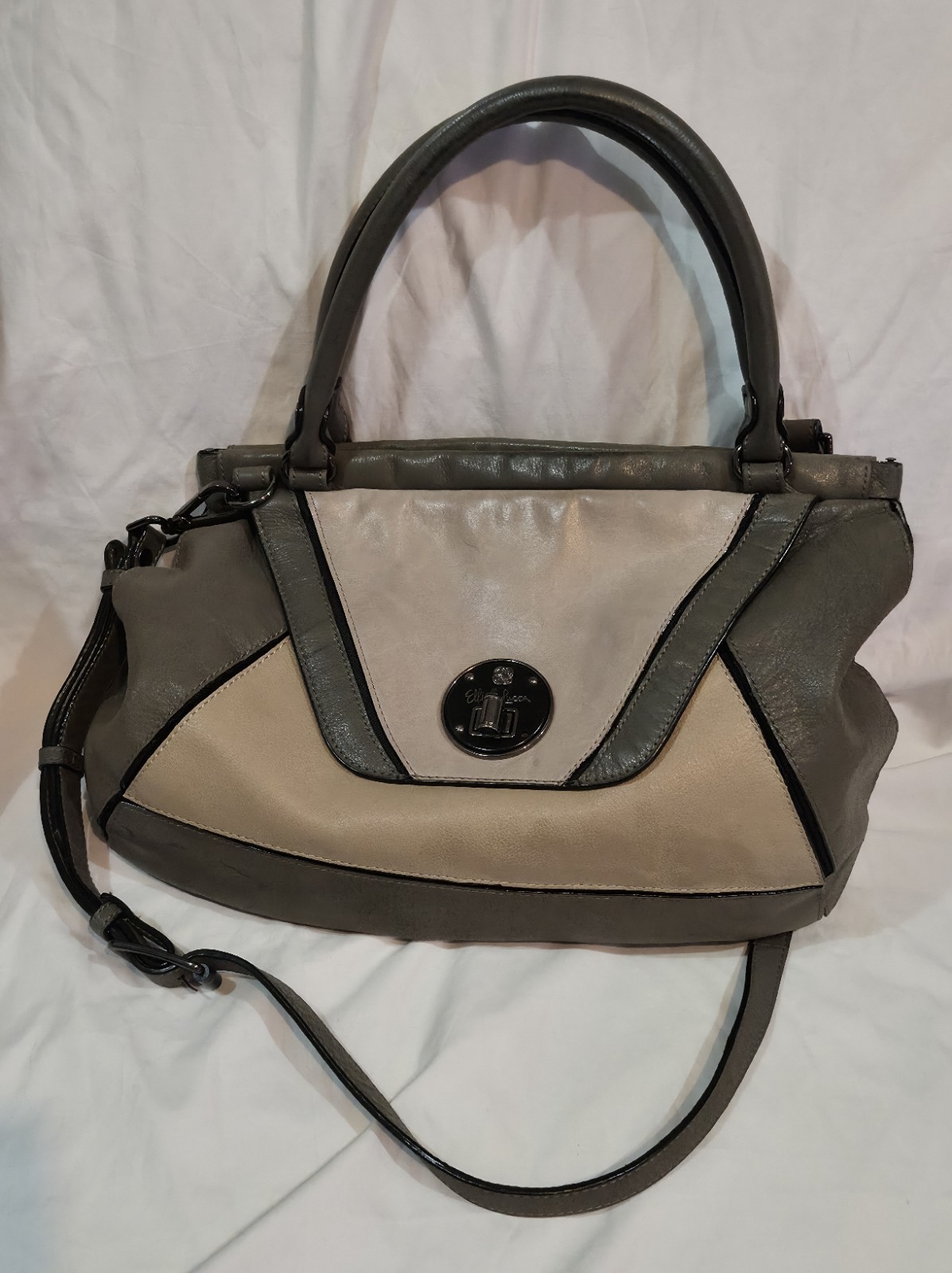 Elliott Lucca Leather Large handbag Double Top handles Gray Beige Mix