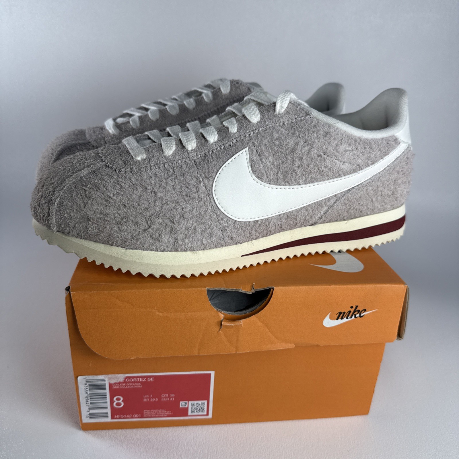Size Men’s 8 – Nike Cortez SE College Grey Team Red/Sail HF3142-001 Fuzzy Suede