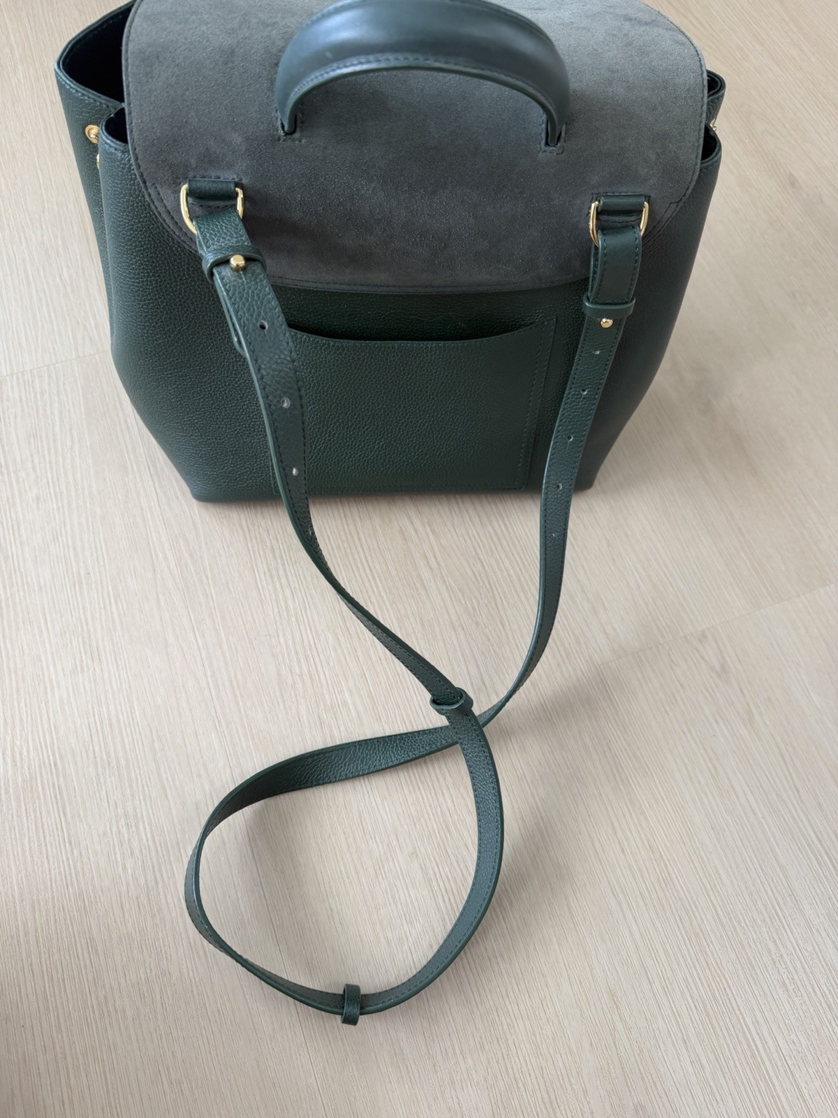 Polene Numéro Un Leather Suede Trim Handle Bag Forest Green